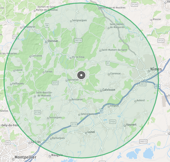Zone d'intervention 25 km autour de Souvignargues